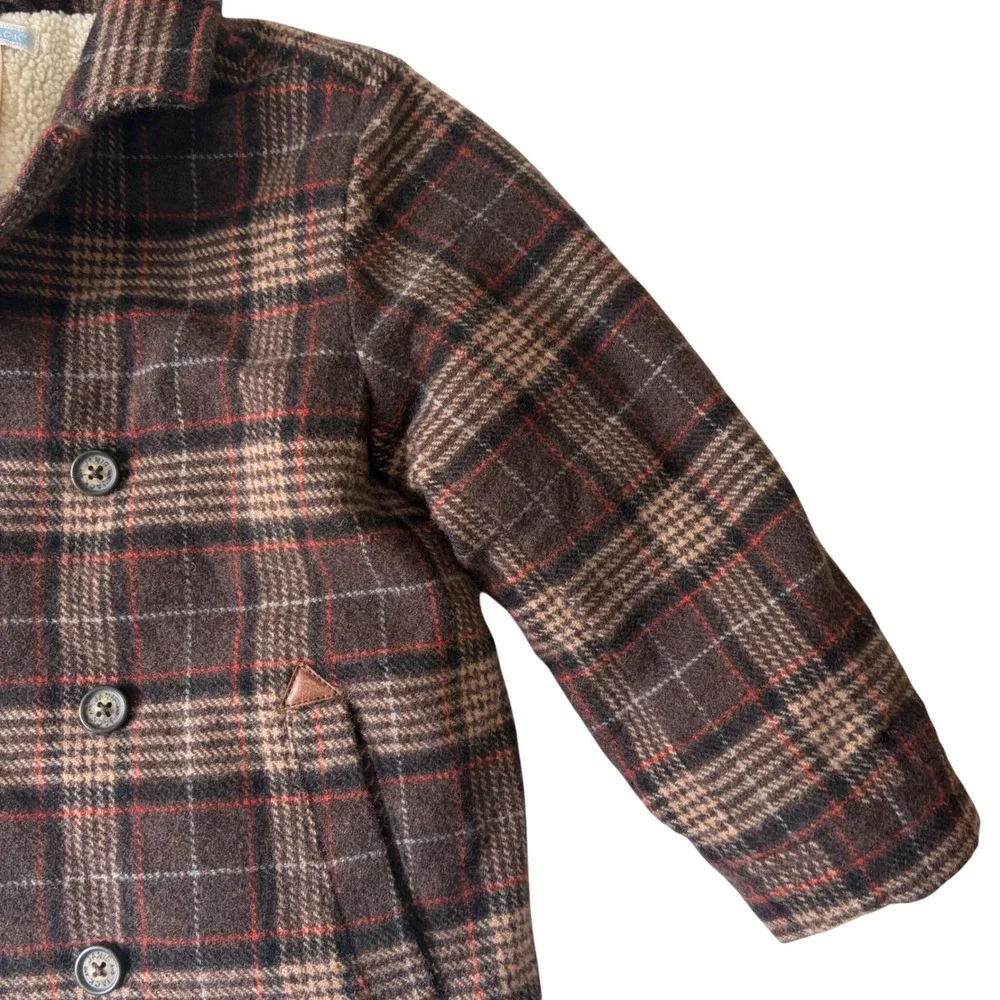 JANIE AND JACK Wool Sherpa Lined Plaid Pea Coat Toddler Size 4T-5T Brown Classic